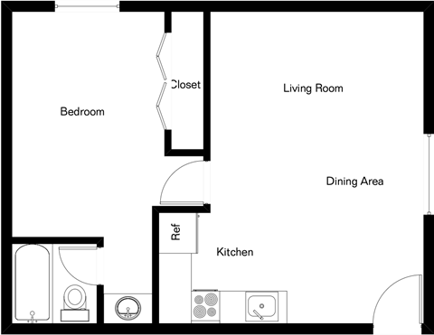 Floor plan for 1 bed, 1 bath, 520 sqft